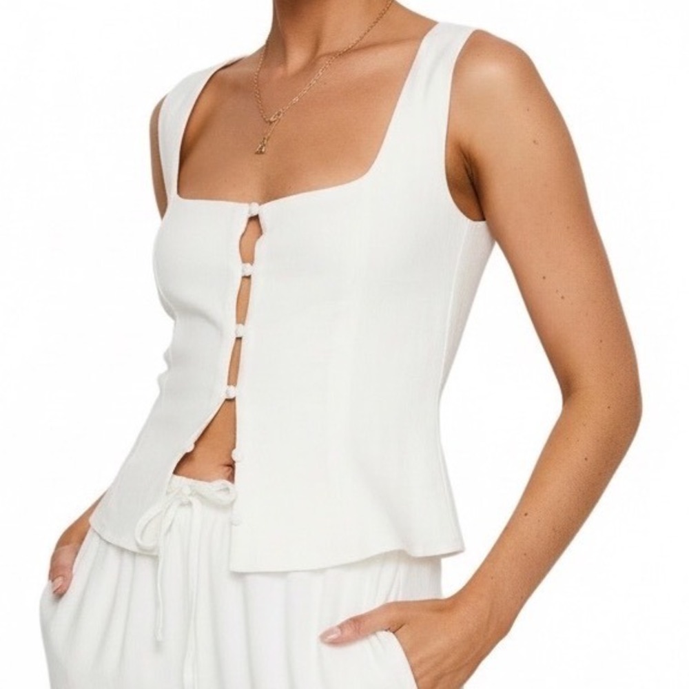 Princess Polly Zenda White Linen Blend Square Neck Button Up Top US 4